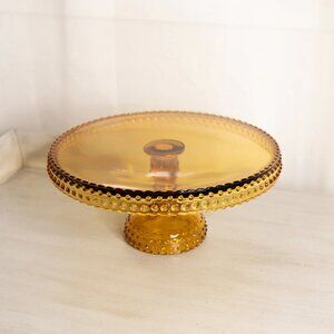 Vintage LE Smith Large Amber Glass Hobnail Cake Stand